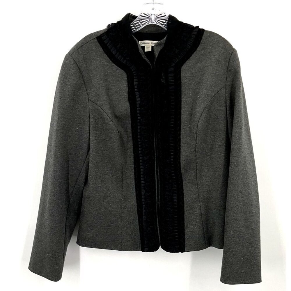 Coldwater Creek Blazer Women 16 Gray Black Lace Ribbon Victorian Style